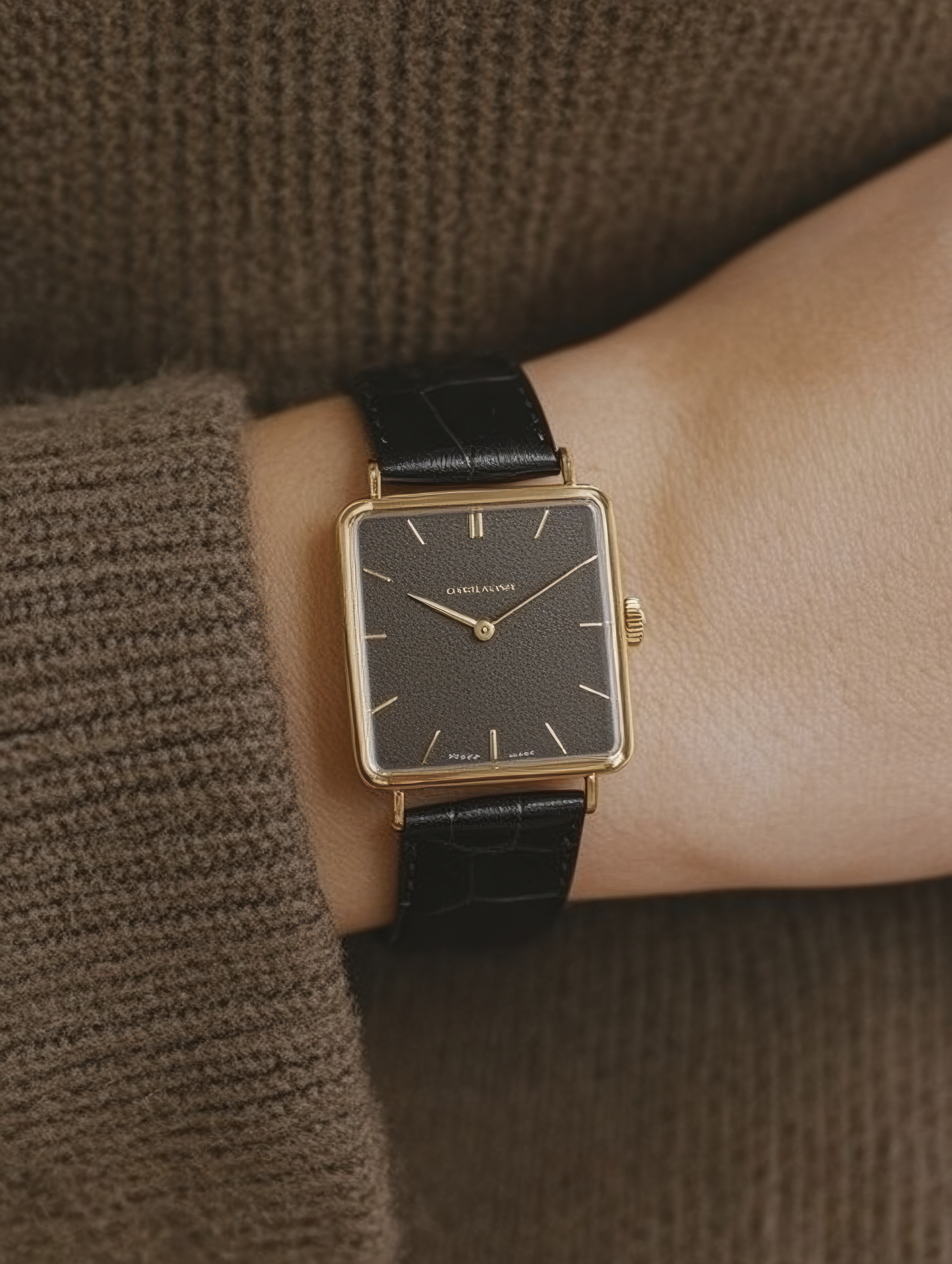 Editorial close-up of a wristwatch and textured knit